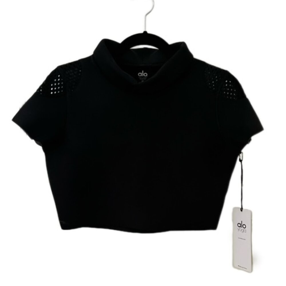 Alo Yoga In Shape Short Sleeve Scuba Cowl Neck Crop Top Black